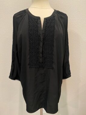 Chico's Black Embroidered Split-Neck Tunic Sz Large